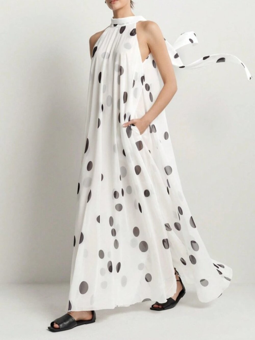White Polka Dot Halter Maxi Dress with Tie-Neck Sash